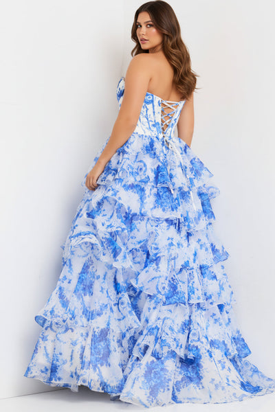 Jovani 47029 - Strapless Floral Prom Gown with High Slit Prom Dresses in White and Blue