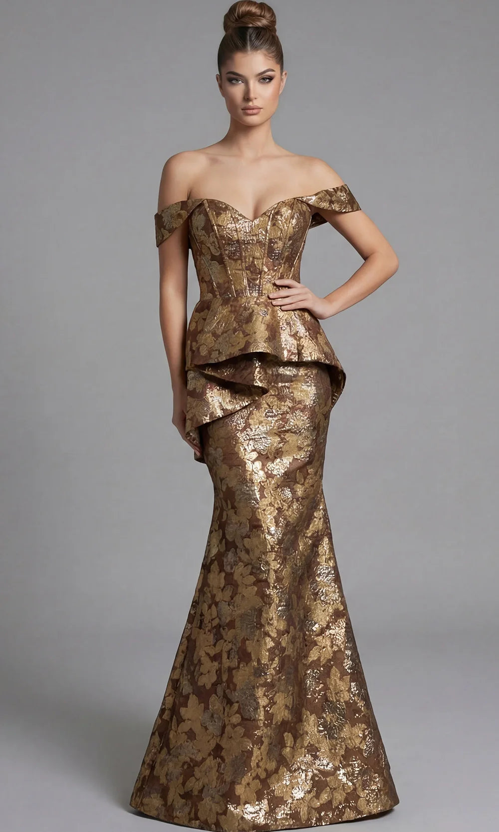 Jovani 47052 - Peplum Detail Trumpet Metallic Brocade Gown Pageant Dresses  in Gold  