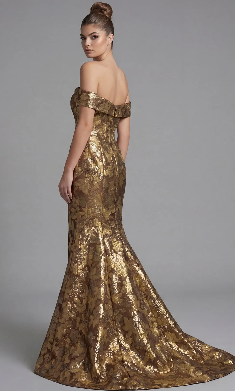 Jovani 47052 - Peplum Detail Trumpet Metallic Brocade Gown Pageant Dresses  in Gold  