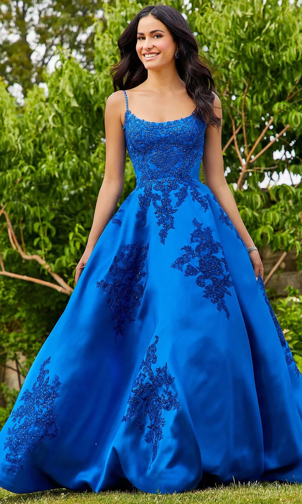 Mori Lee 49320 - Scoop Neck Lace Appliqued Ballgown Prom Dresses in Royal