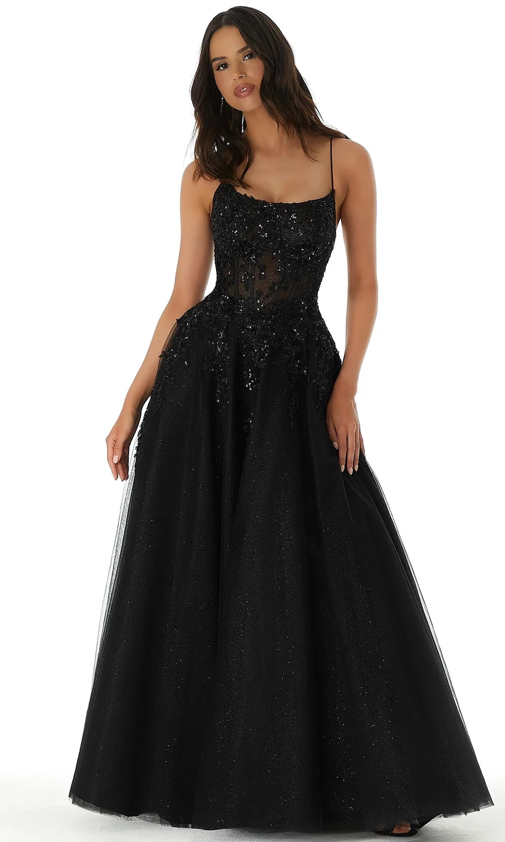 Mori Lee 49321 - Spaghetti Strap Sparkle Net A-Line Gown Prom Dresses in Black