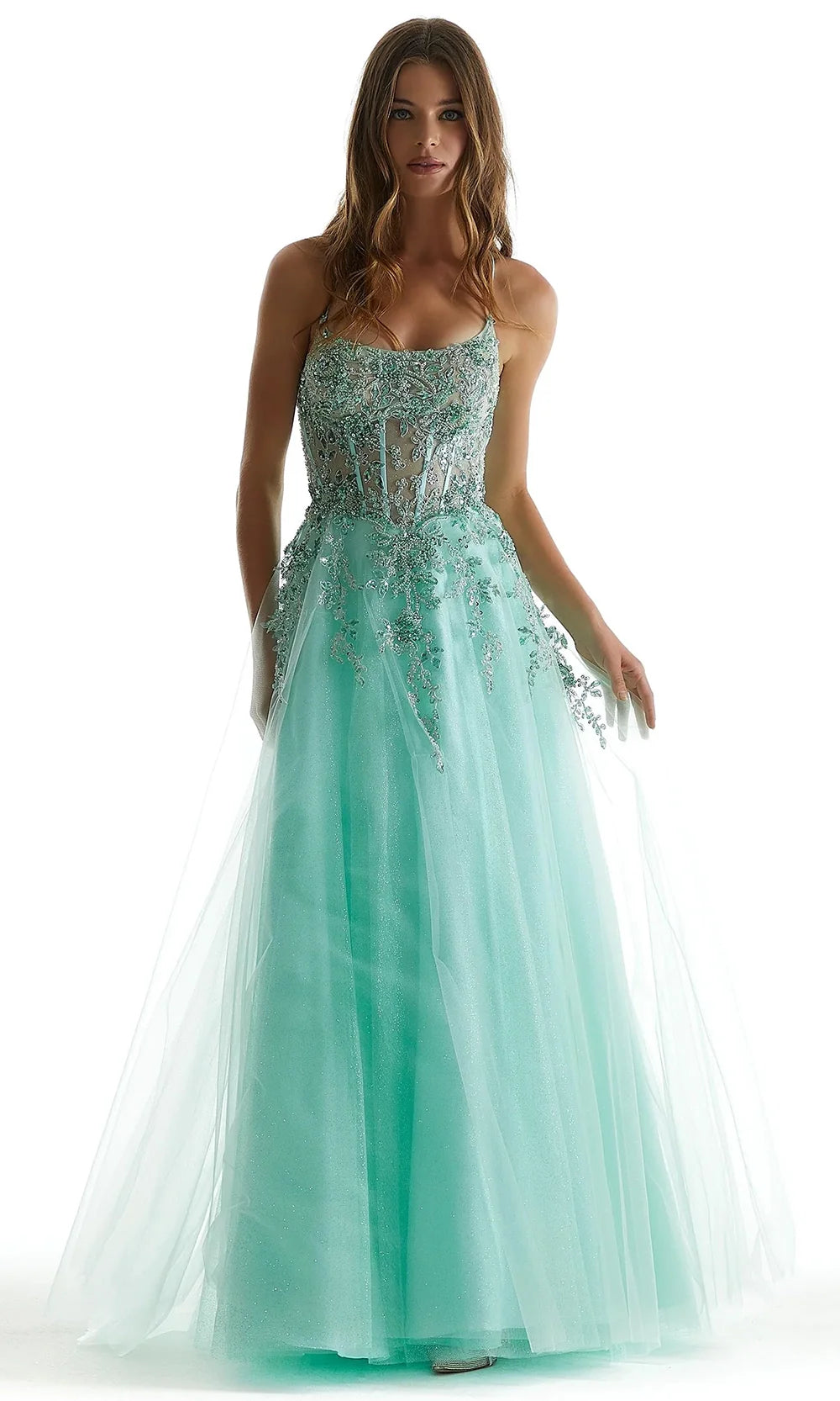 Mori Lee 49321 - Spaghetti Strap Sparkle Net A-Line Gown Prom Dresses in Mint
