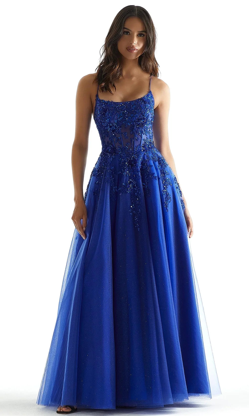 Mori Lee 49321 - Spaghetti Strap Sparkle Net A-Line Gown Prom Dresses in Royal