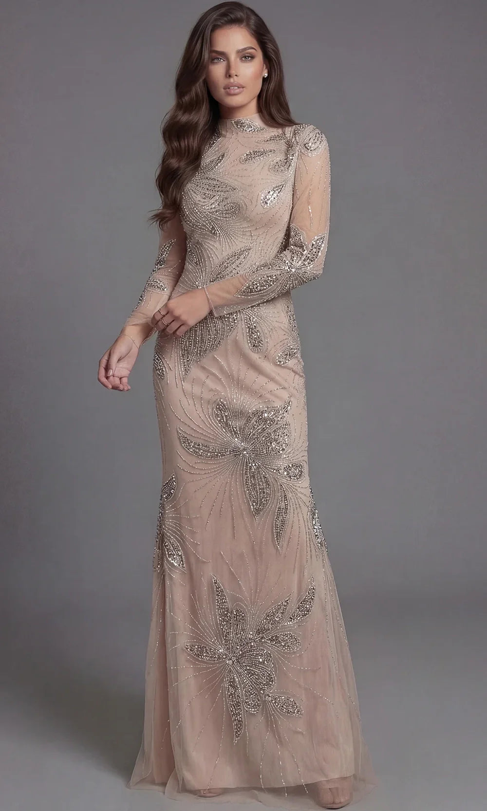 Jovani 47094 - High Neck Embellished Evening Gown Mother of the Bride Dresses  in Nude  