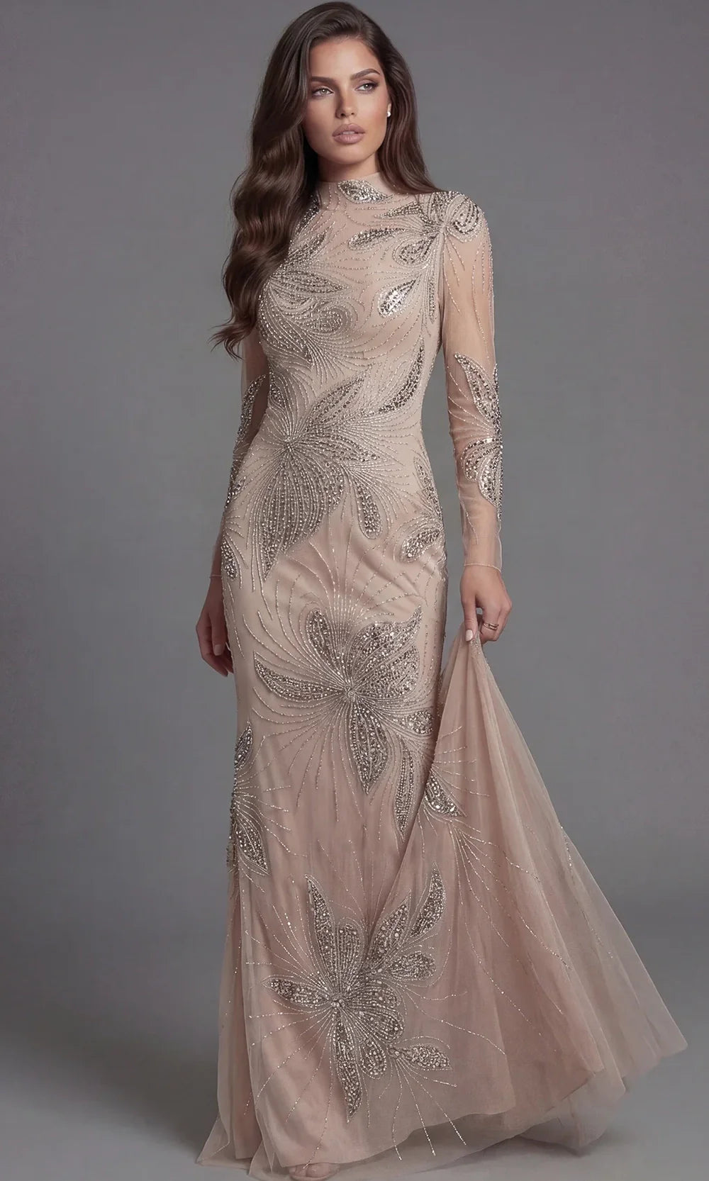 Jovani 47094 - High Neck Embellished Evening Gown Mother of the Bride Dresses  in Nude  