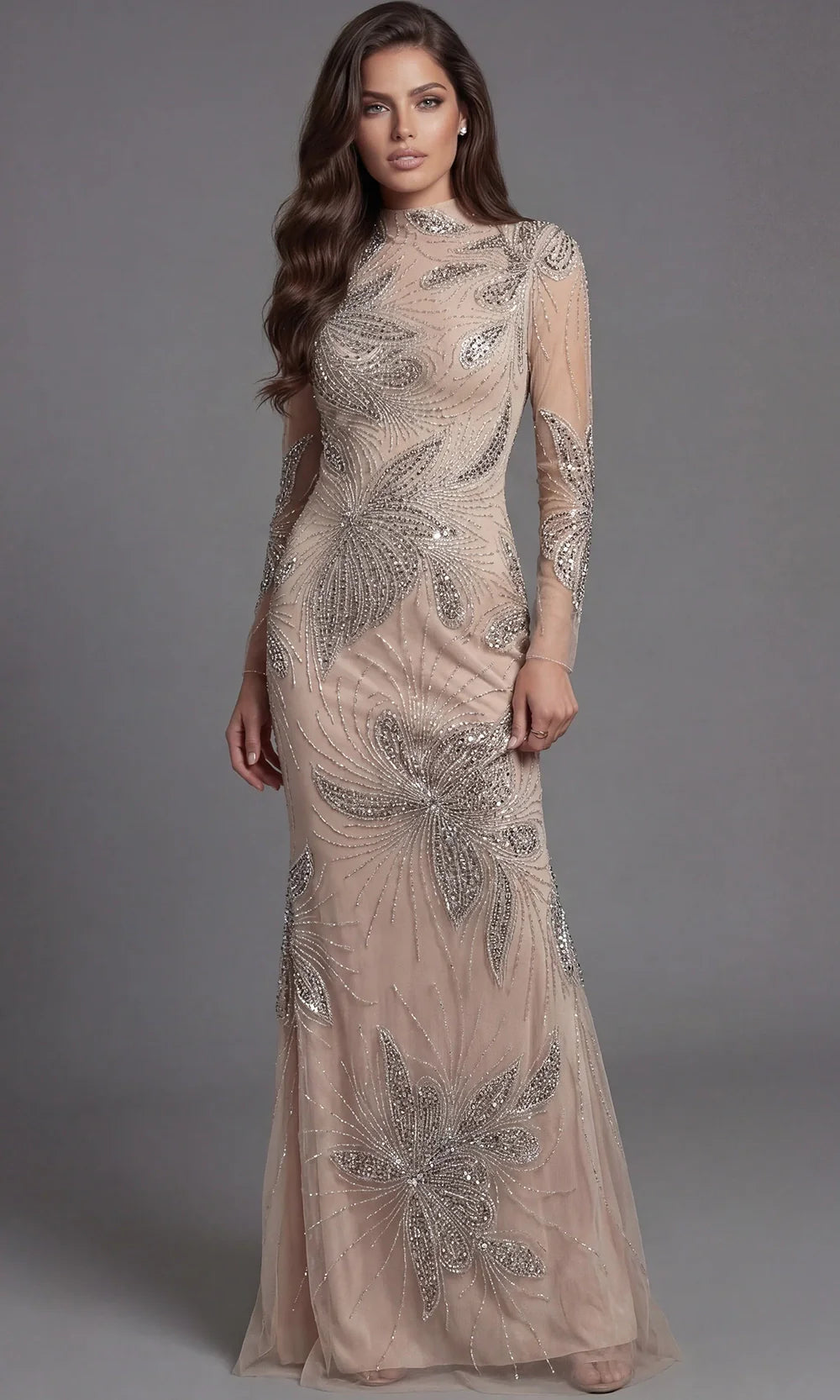 Jovani 47094 - High Neck Embellished Evening Gown Mother of the Bride Dresses  in Nude  
