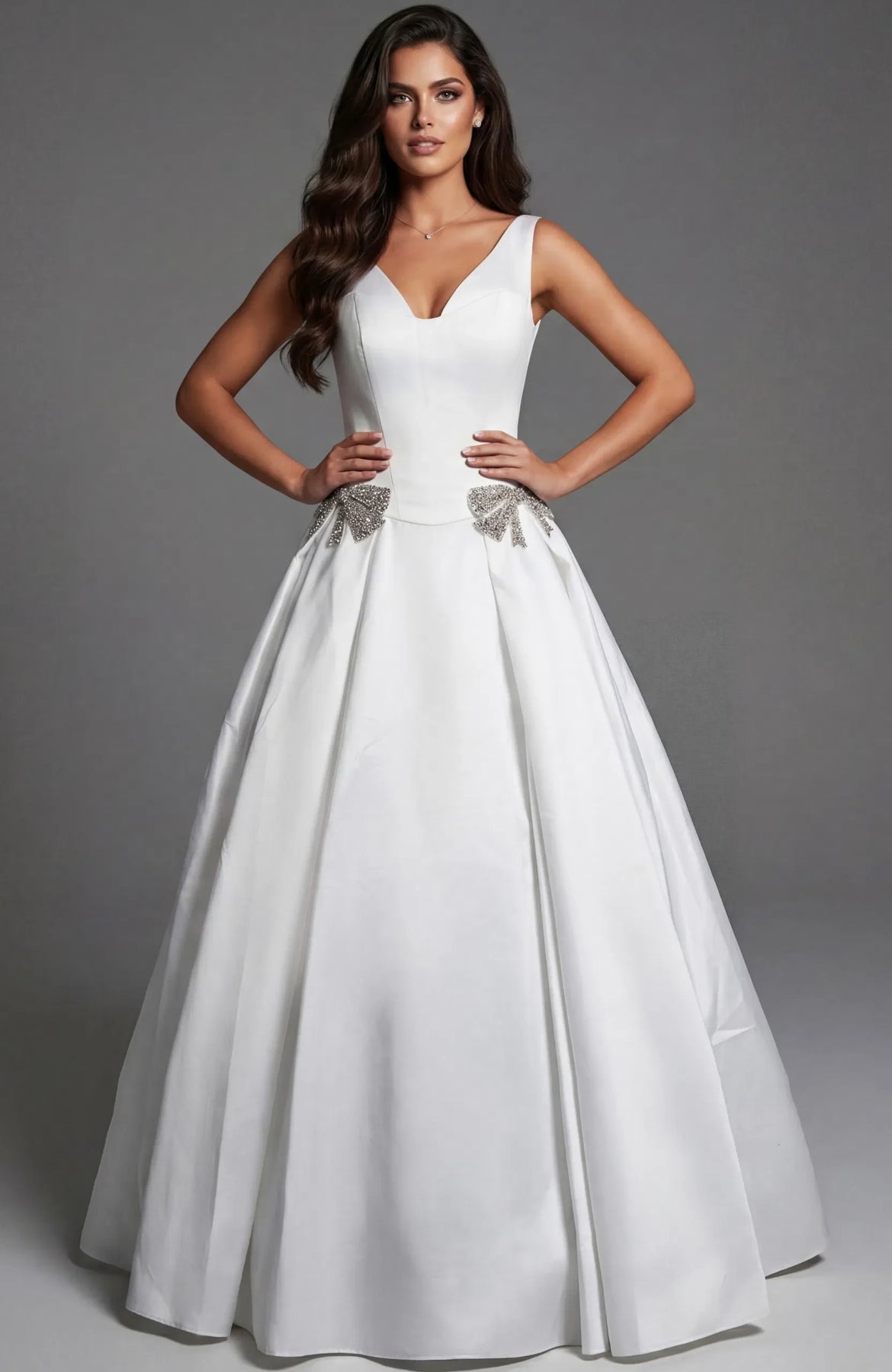 Jovani 47096 - Scoop Pleated Ballgown with Beaded Bow Prom Dresses