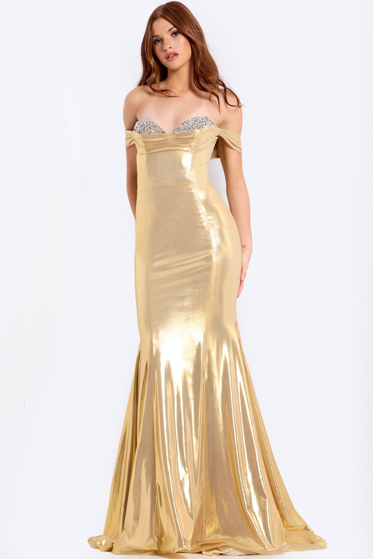 Jovani 47062 - Sweetheart Metallic Dress with Lace-Up Back Prom Dresses In Gold
