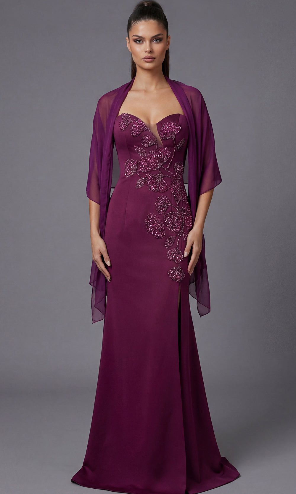 Jovani 47155 - Floral Beadwork Sweetheart Gown with Shawl Special Occasion Dress In Magenta