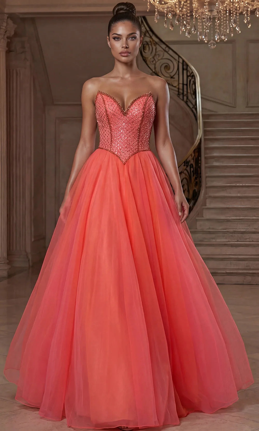 Jovani 47196 - Strapless Embellished Tulle Ballgown Prom Dresses  in Orange  