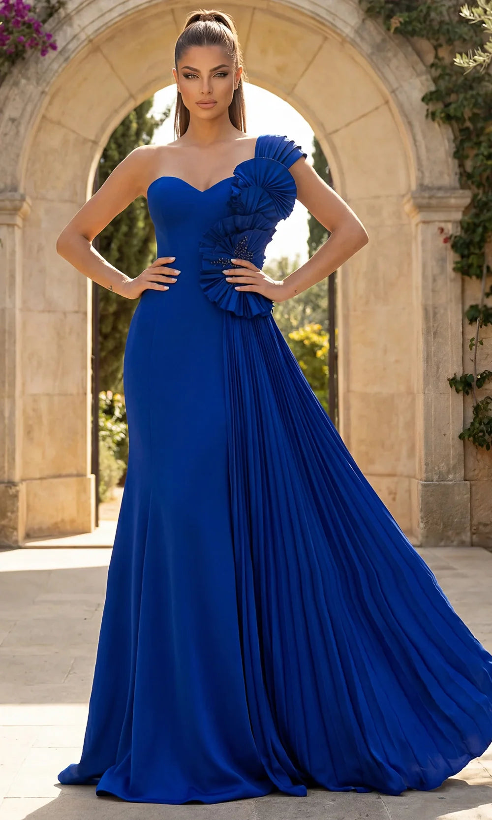 Jovani 47202 - Pleated Bodice Asymmetric Crepe Gown Prom Dresses  in Royal  