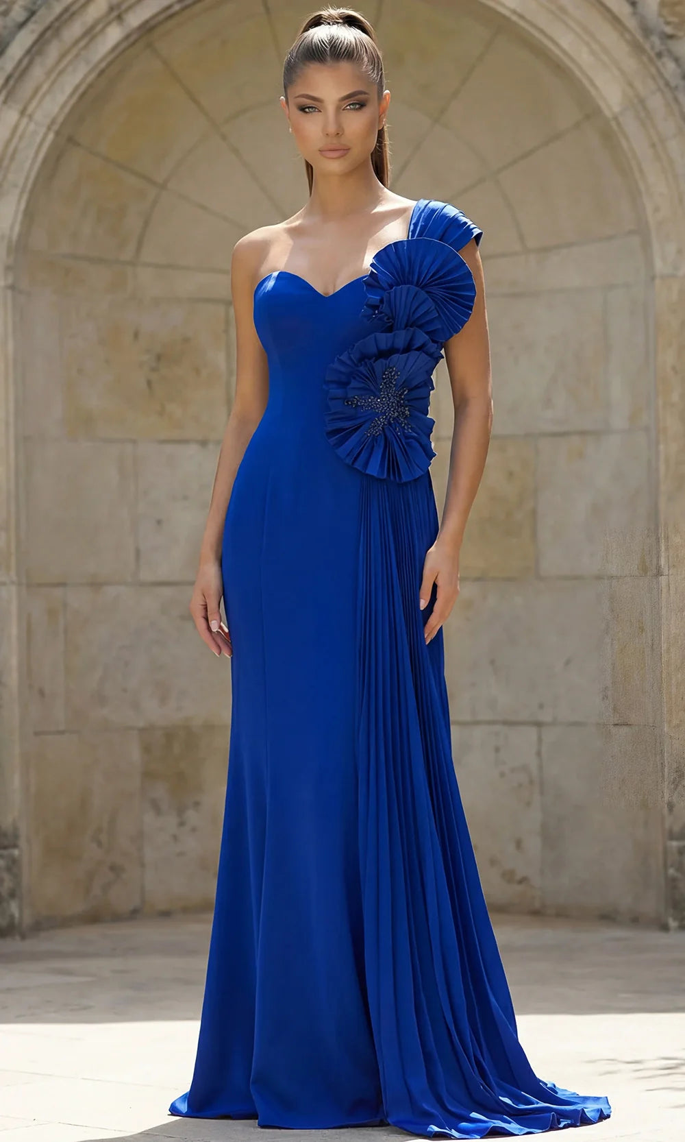 Jovani 47202 - Pleated Bodice Asymmetric Crepe Gown Prom Dresses  in Royal  