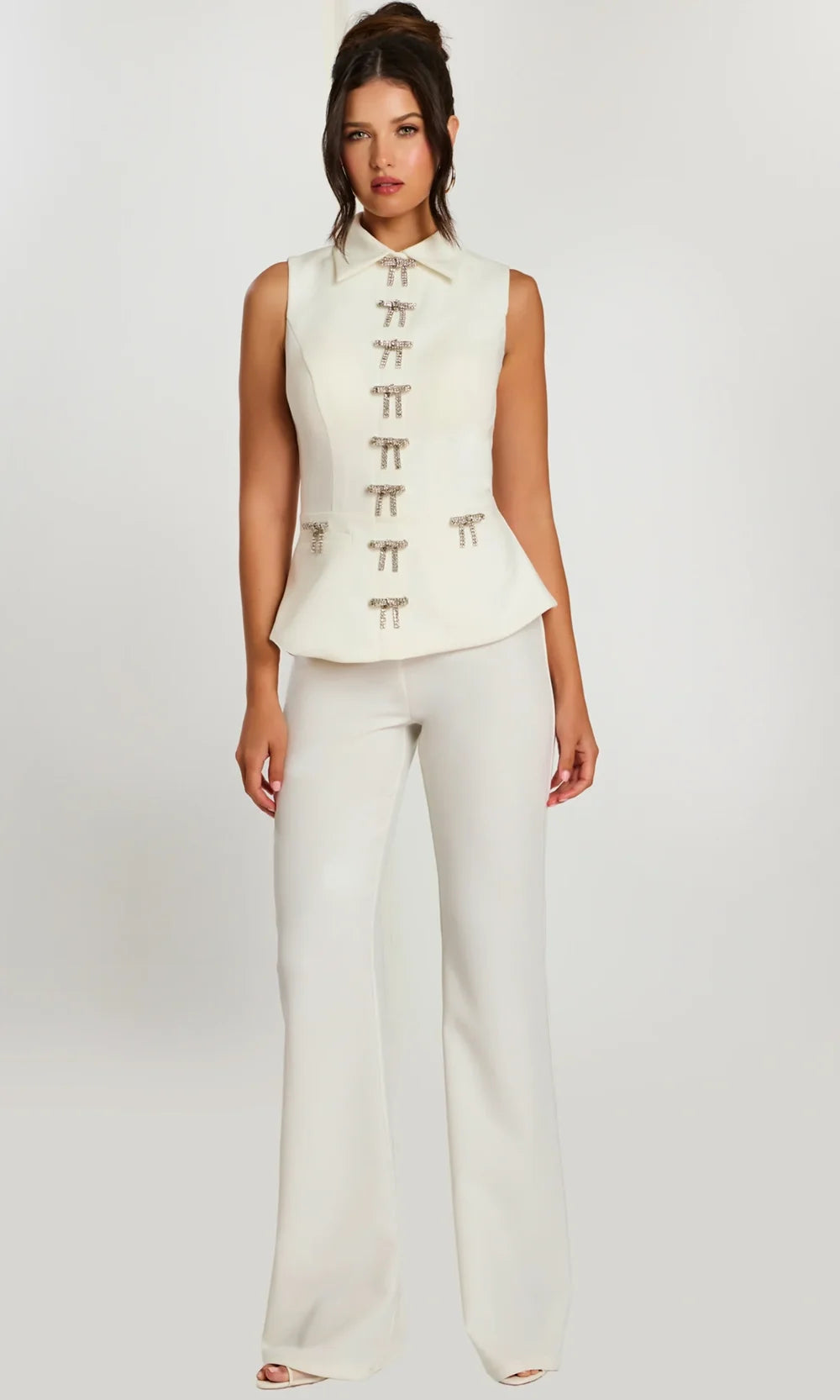 Jovani 47233 - Rhinestone Bow Collared Neckline Pantsuit Special Occasion Dress In Off White
