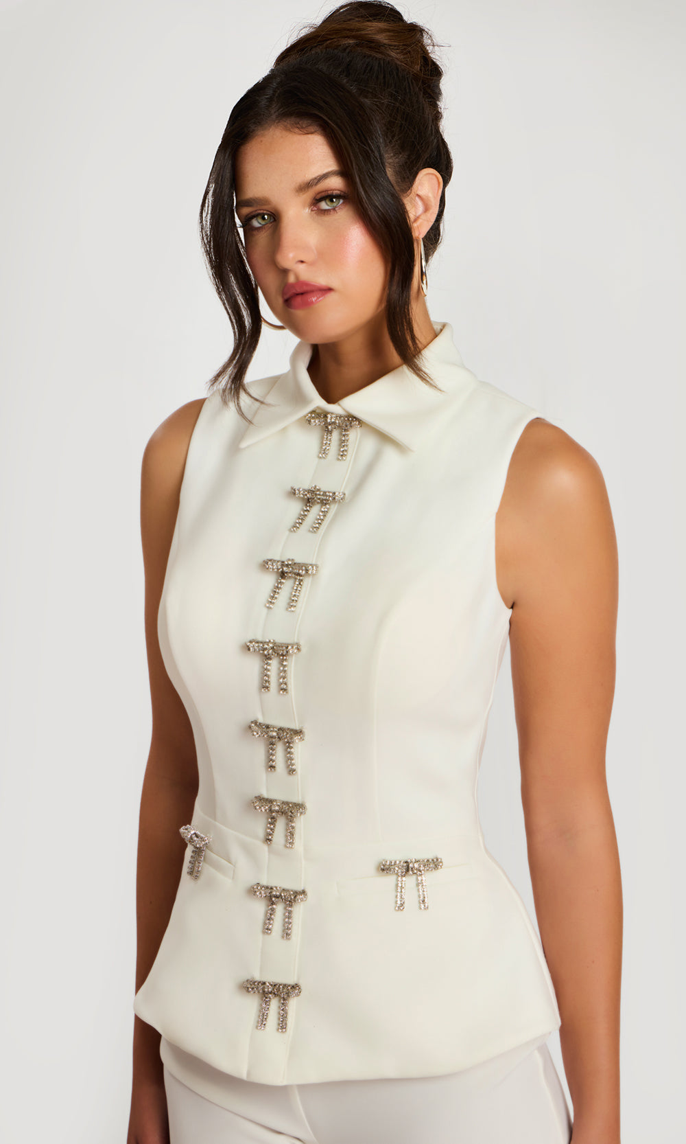 Jovani 47233 - Rhinestone Bow Collared Neckline Pantsuit Special Occasion Dress In Off White