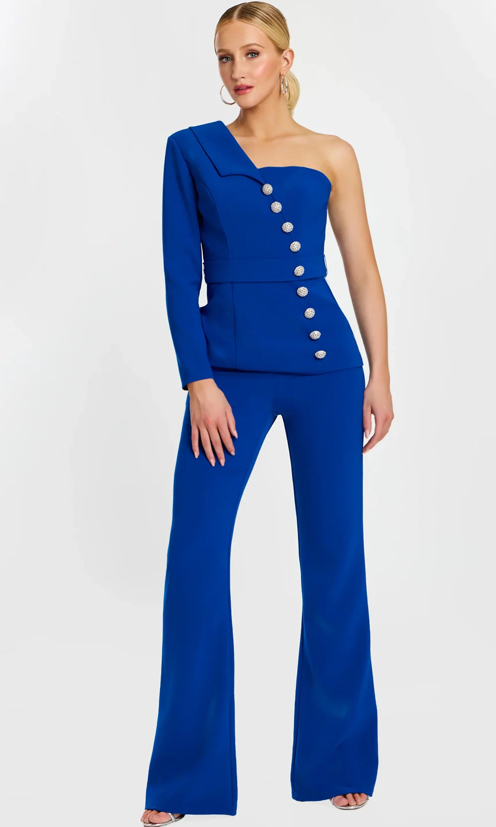 Jovani 47234 - Button Detail Asymmetric Crepe Pantsuit Formal Pantsuits  in Royal  
