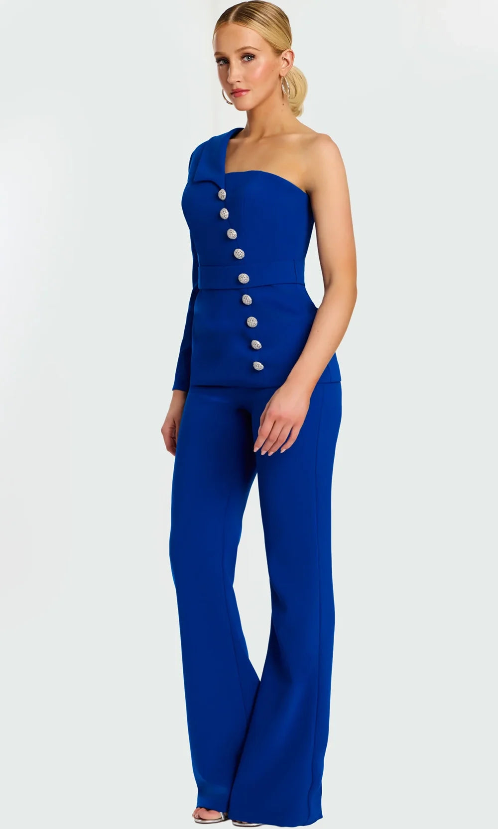 Jovani 47234 - One Sleeved Pantsuit with Crystal Buttons Special Occasion Dress In Royal