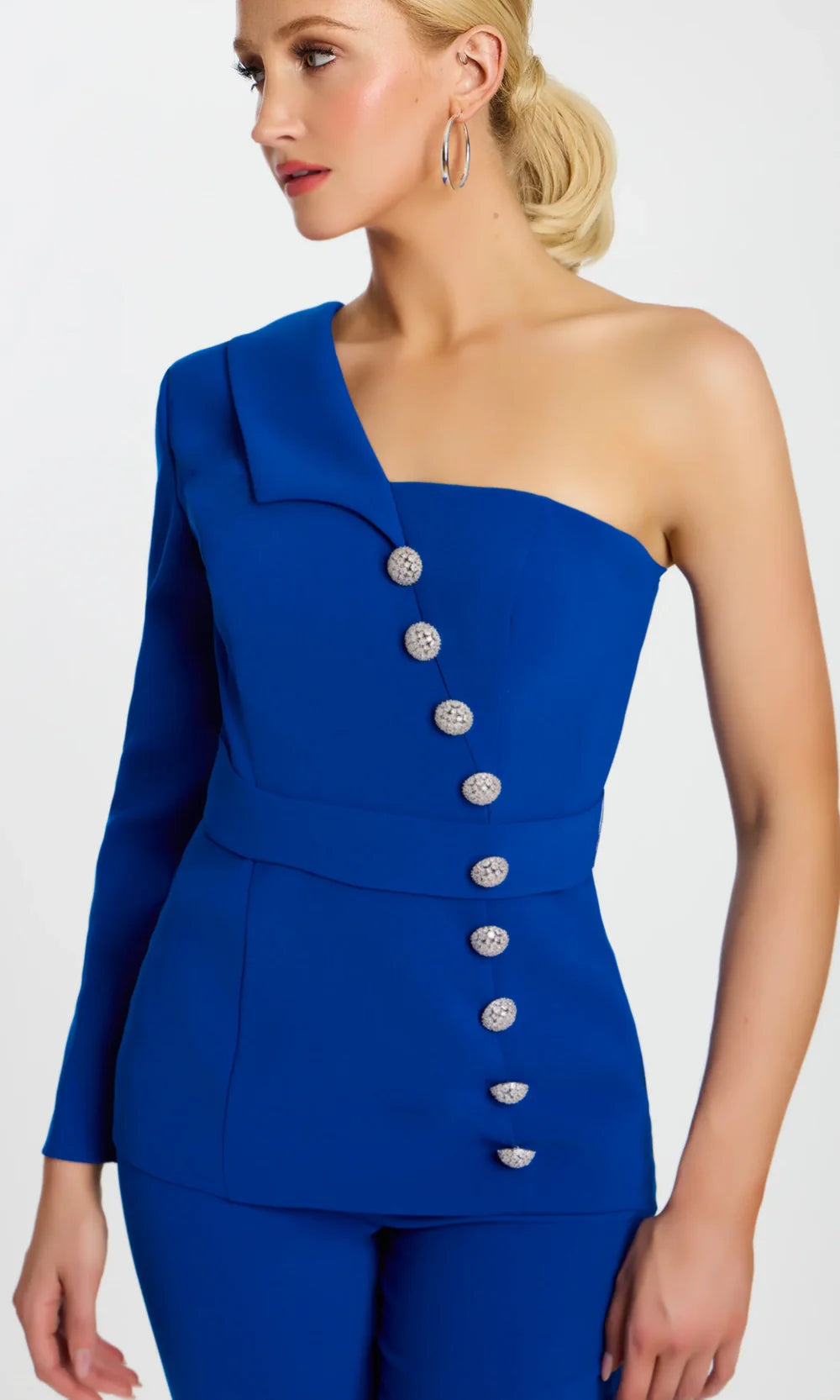 Jovani 47234 - Button Detail Asymmetric Crepe Pantsuit Formal Pantsuits  in Royal  
