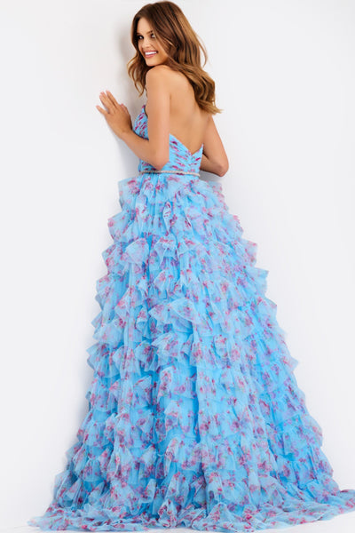 Jovani 47267 - Floral Print Tiered Ruffle Ballgown Ball Gowns in Blue and Multi