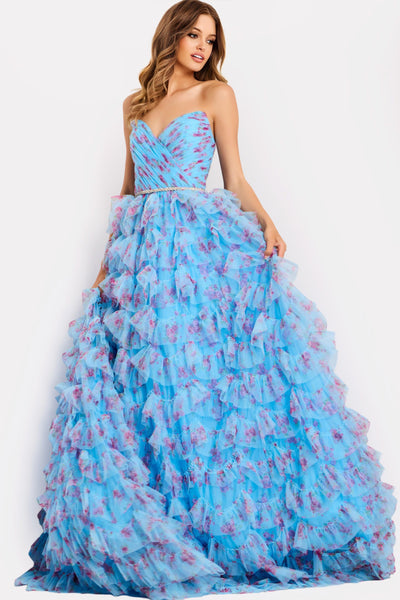 Jovani 47267 - Floral Print Tiered Ruffle Ballgown Ball Gowns in Blue and Multi
