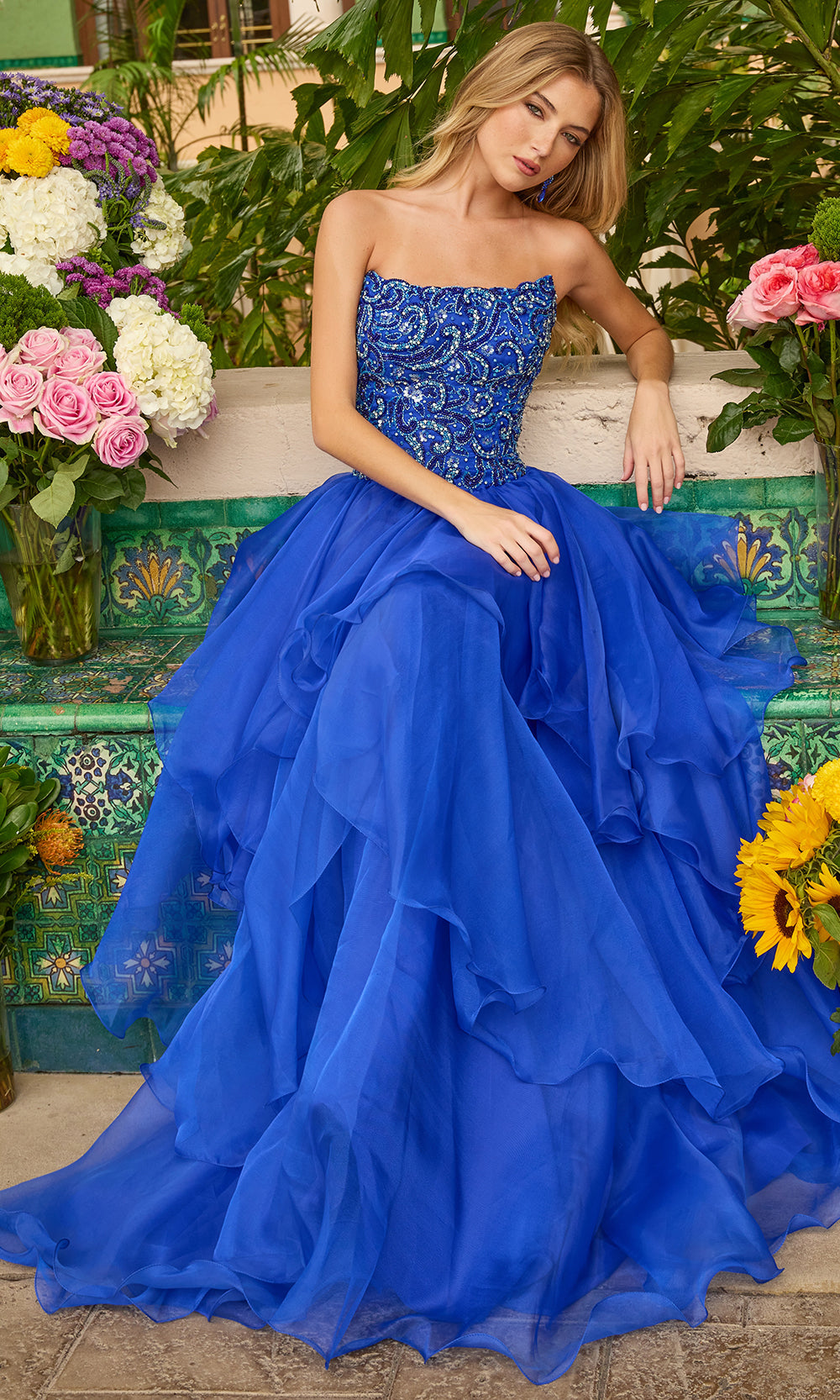 Ava Presley 47271 - Beaded Strapless Corset Organza Tiered GownProm Dresses in Blue