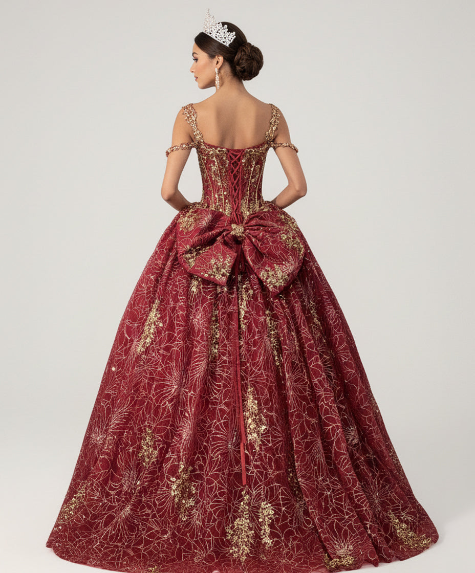 Jovani Q47377 - Sweetheart Lace-Up Ballgown with Bow Quinceanera Dresses in Red and Gold