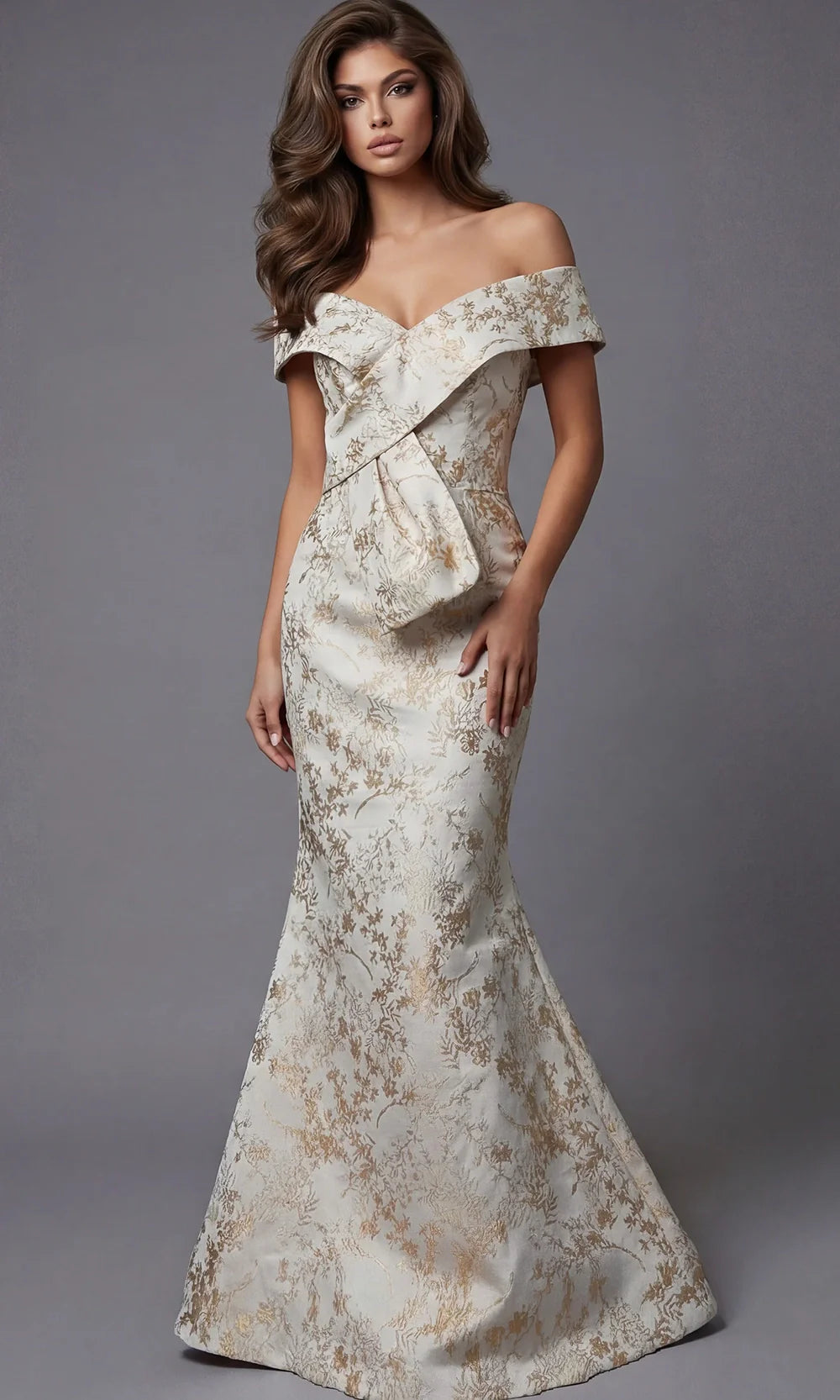 Jovani 47392 - Floral Texture Off Shoulder Long Gown Mother of the Bride Dresses  in Gold  