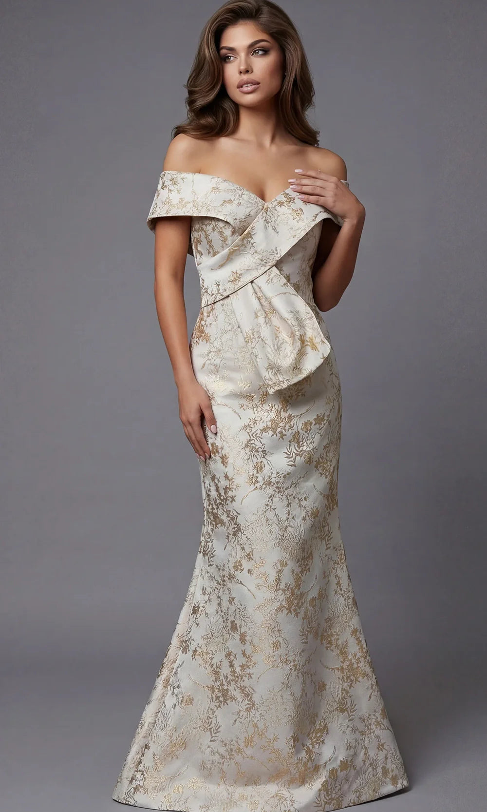 Jovani 47392 - Floral Texture Off Shoulder Long Gown Mother of the Bride Dresses  in Gold  