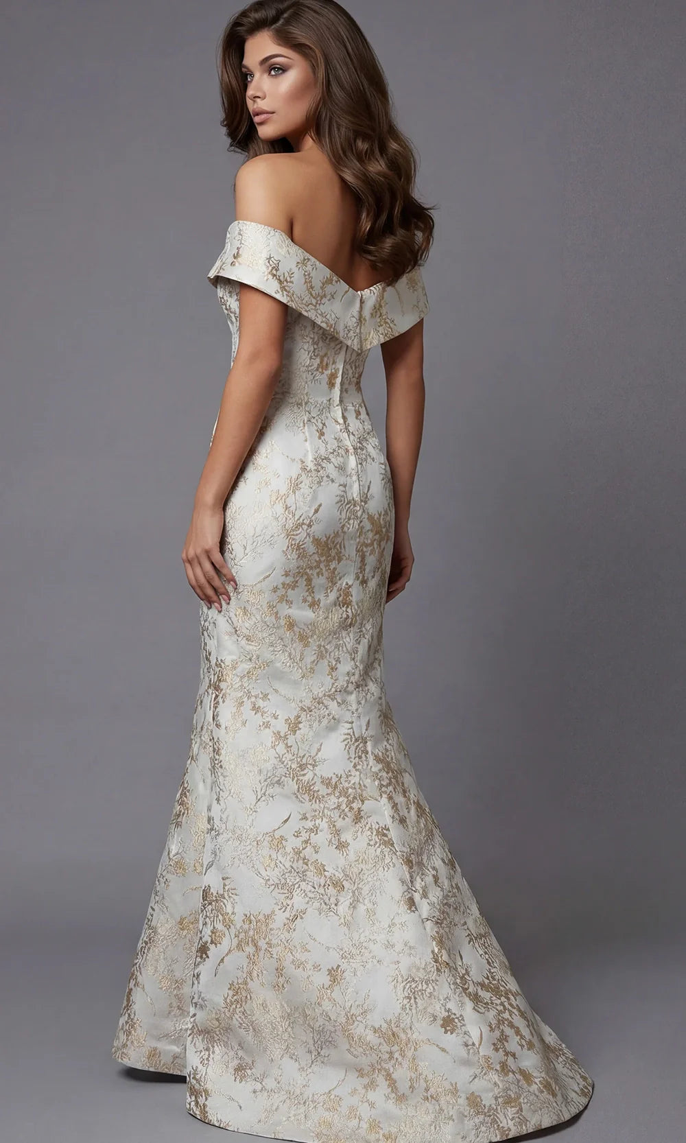Jovani 47392 - Floral Texture Off Shoulder Long Gown Mother of the Bride Dresses  in Gold  