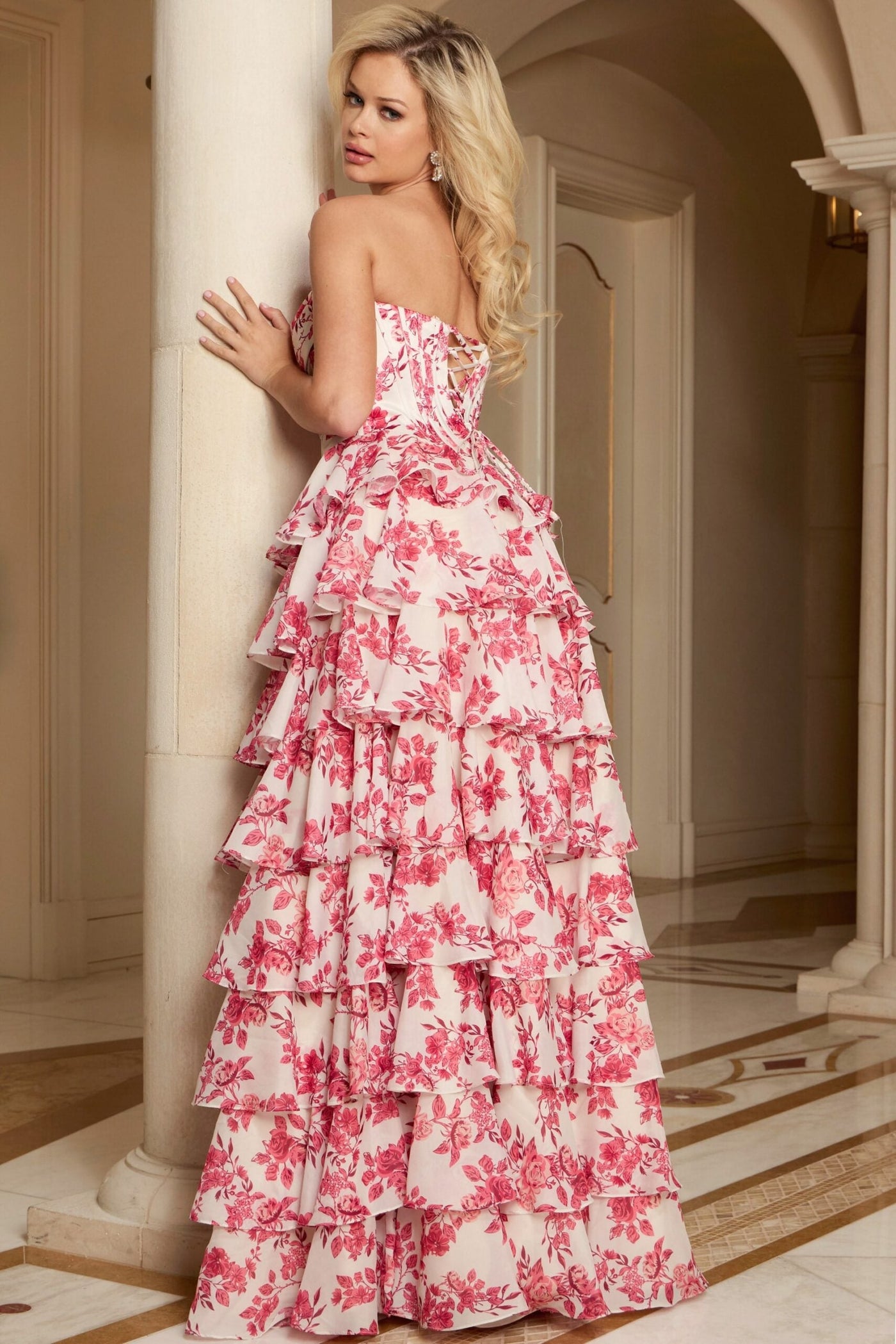Jovani 47404 - Floral Sweetheart Layered Ruffle Gown Ball Gowns in In Pink