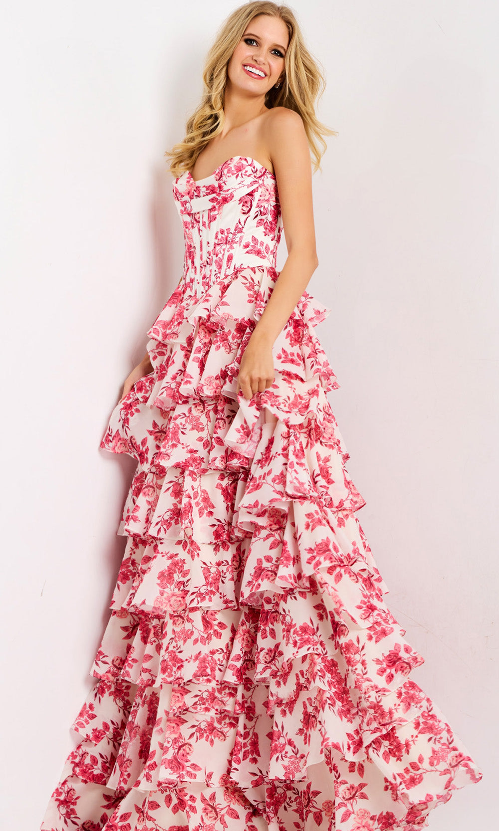 Jovani 47404 - Floral Sweetheart Layered Ruffle Gown