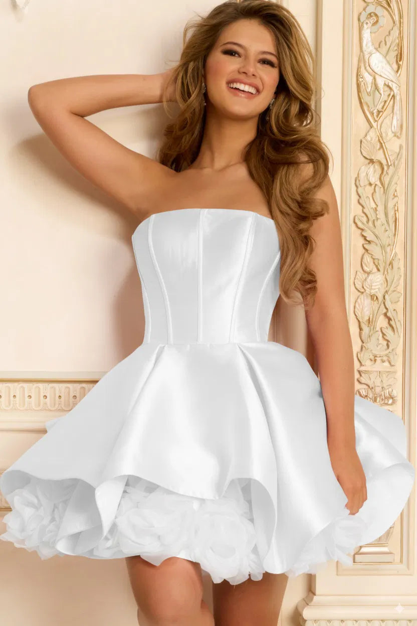 Jovani 47419 - Straight Neck Pleated Dress with Floral Applique