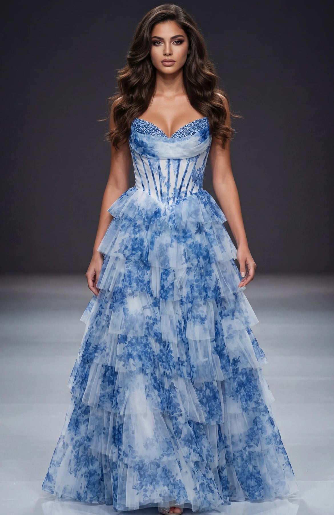 Jovani 47440 - Beaded Bust Sweetheart Printed Gown