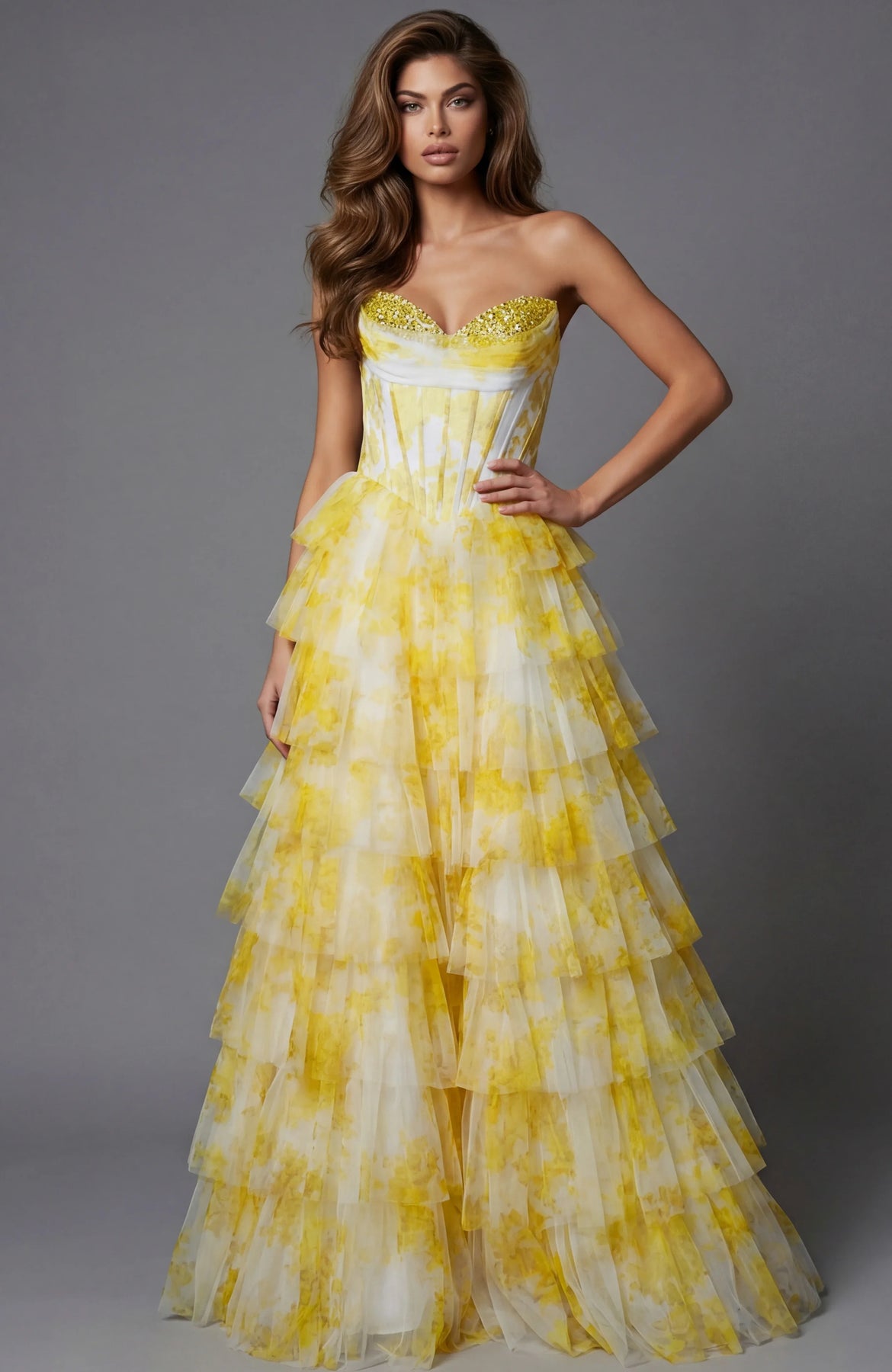 Jovani 47440 - Beaded Bust Sweetheart Printed Gown