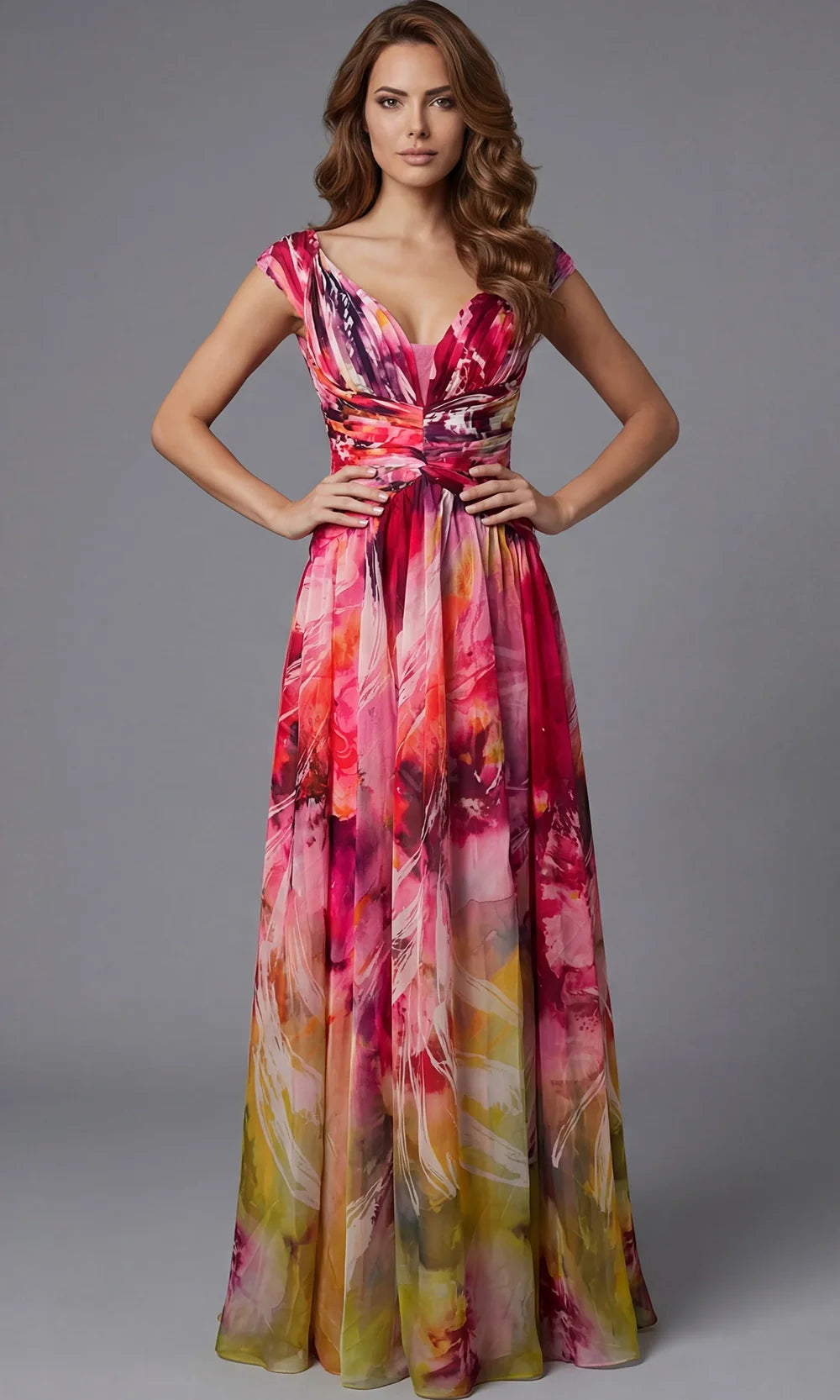 Jovani 47499 - V-Neck Printed Gown with Flowing Skirt Mother of the Bride Dresses  in Print  