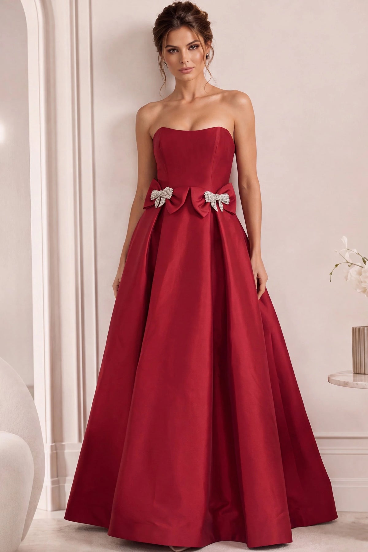 Jovani 47594 - Satin Pleated Ballgown with Bow Detail
