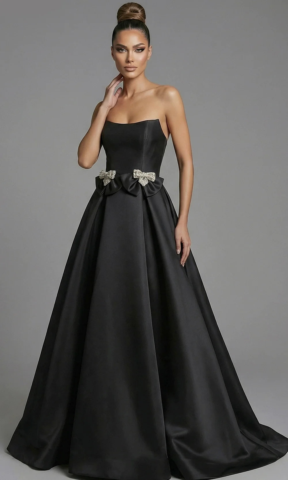 Jovani 47594 - Scoop Neck Bow Waist Satin Evening Gown Special Occasion Dress In Black