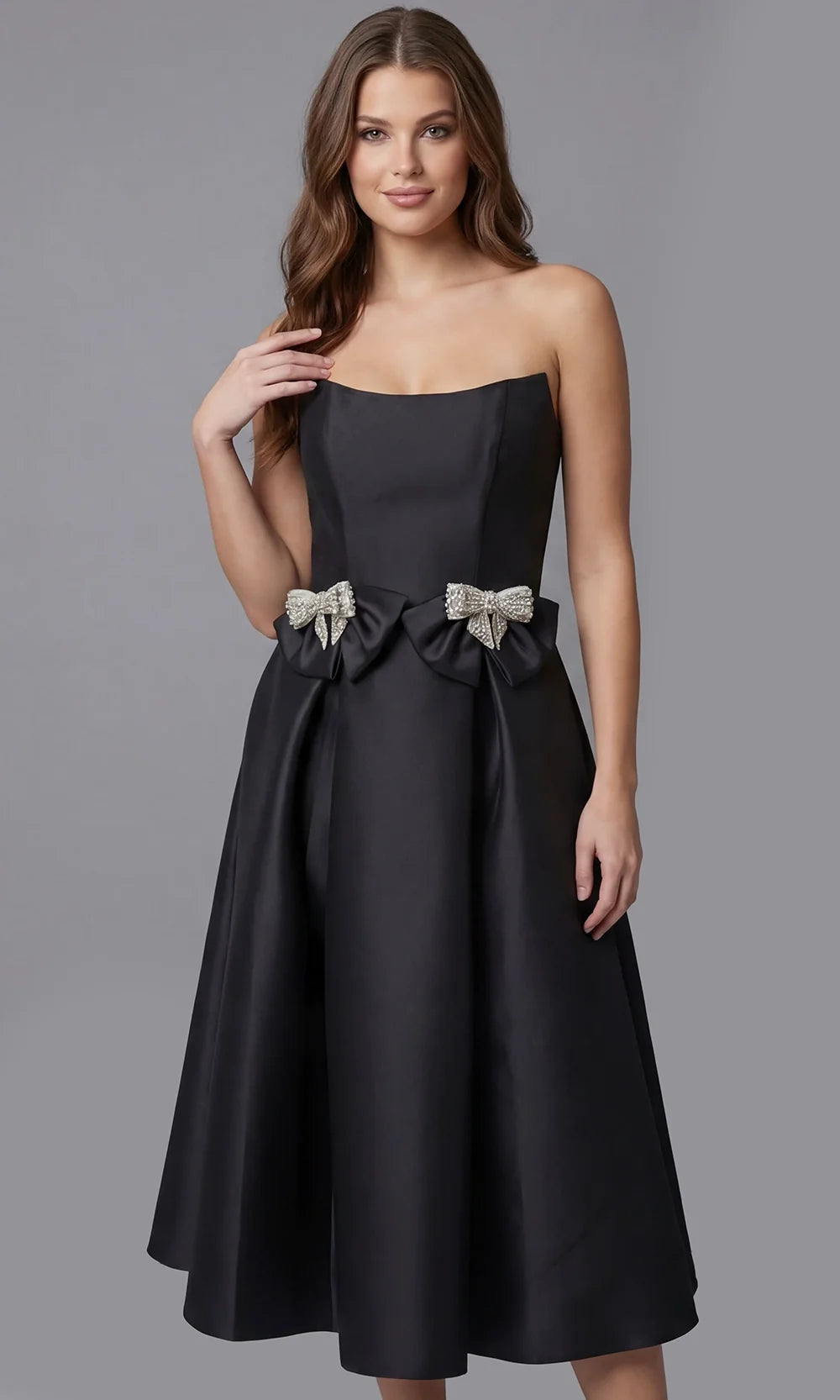 Jovani 47595 - Bow Waist Tea-Length Pleated Dress Special Occasion Dress In Black