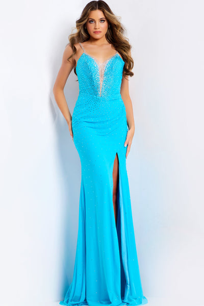 Jovani 47610 - Sleeveless Sparkling High Slit Dress Prom Dresses In Blue