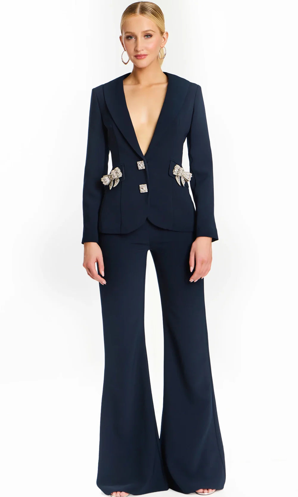 Jovani 47615 - Jeweled Bow Plunge V-Neck Pantsuit Formal Pantsuits  in Navy 