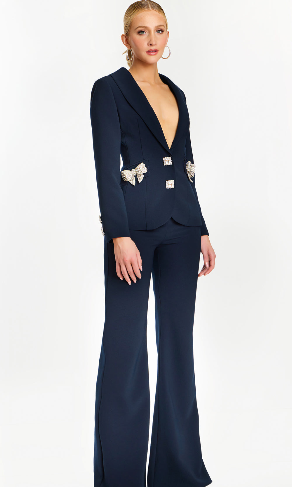 Jovani 47615 - Jeweled Bow Plunge V-Neck Pantsuit Formal Pantsuits  in Navy 