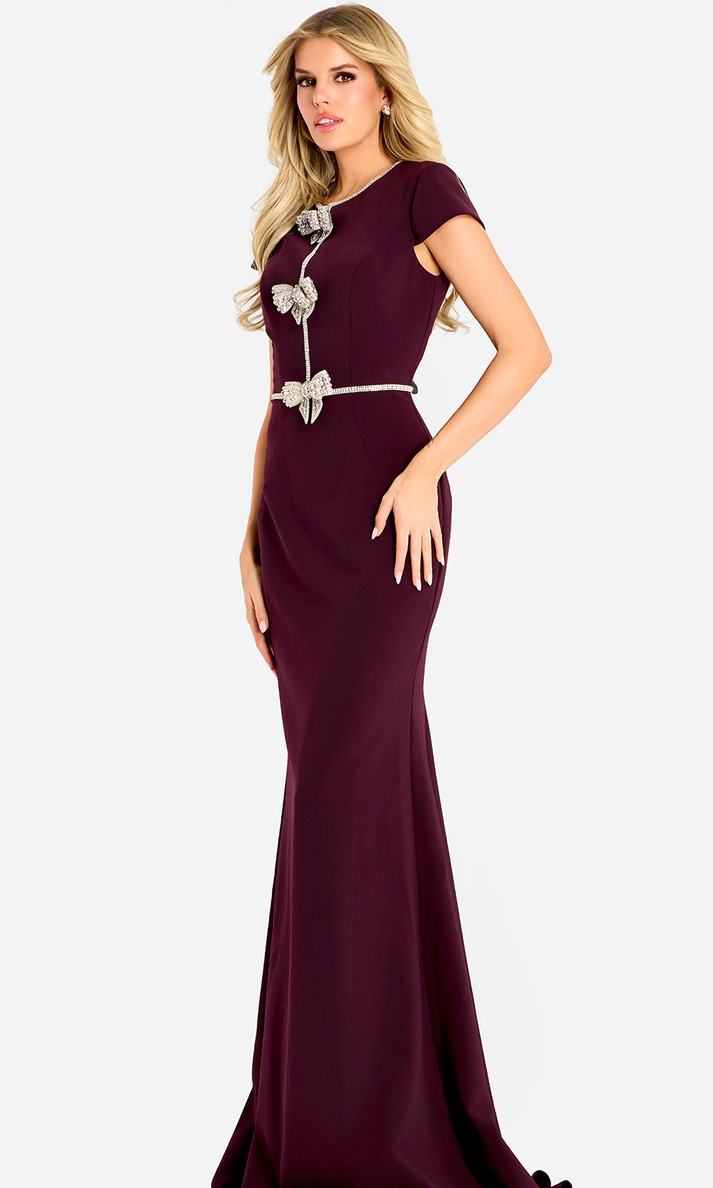 Jovani 47619 - Jewel Neck Crepe Fitted Gown with Bows