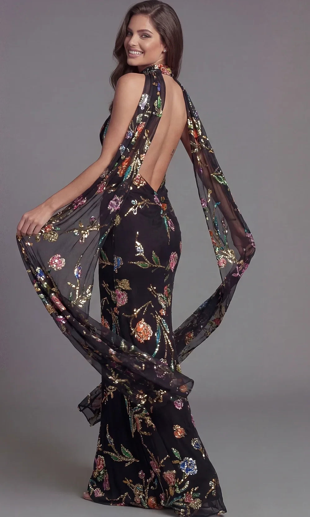 Jovani 47624 - Halter Column Gown with Floral Sequin Detail Special Occasion Dress In Black Multi