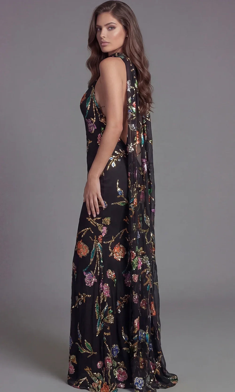 Jovani 47624 - Open Back Floral Sequin Evening Gown Mother of the Bride Dresses  in Black Multi