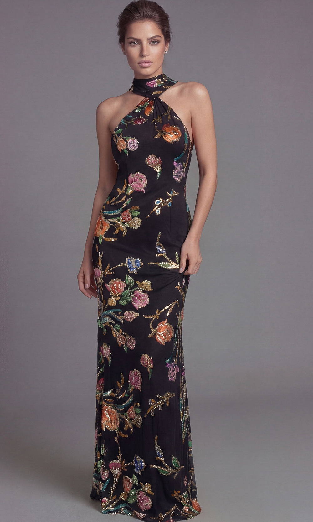 Jovani 47624 - Halter Column Gown with Floral Sequin Detail Special Occasion Dress In Black Multi