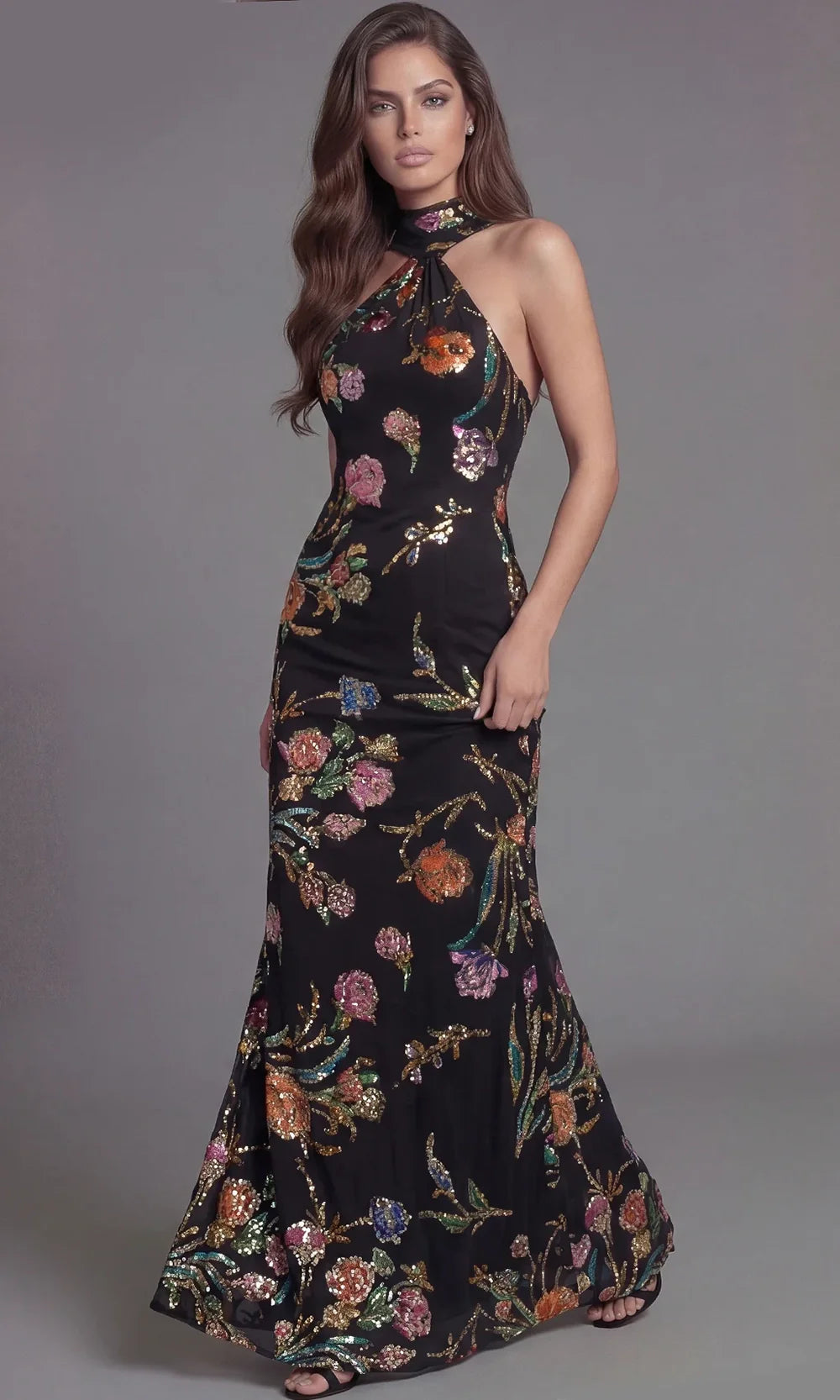 Jovani 47624 - Open Back Floral Sequin Evening Gown Mother of the Bride Dresses  in Black Multi
