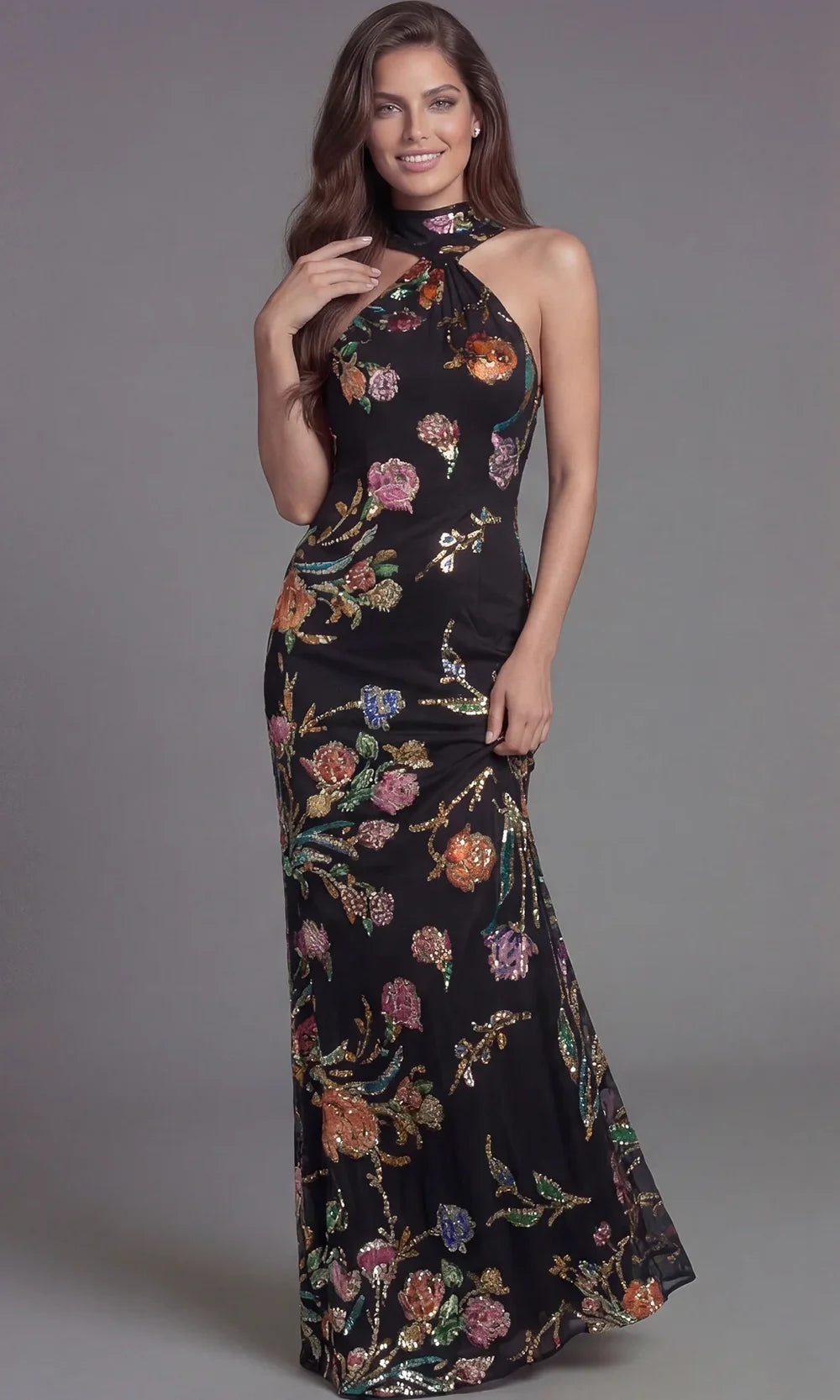 Jovani 47624 - Open Back Floral Sequin Evening Gown Mother of the Bride Dresses  in Black Multi