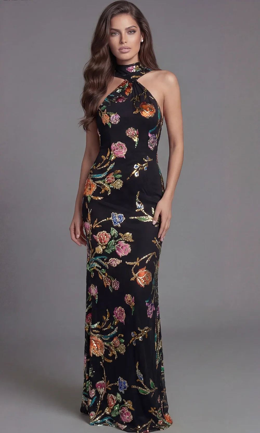 Jovani 47624 - Open Back Floral Sequin Evening Gown Mother of the Bride Dresses  in Black Multi