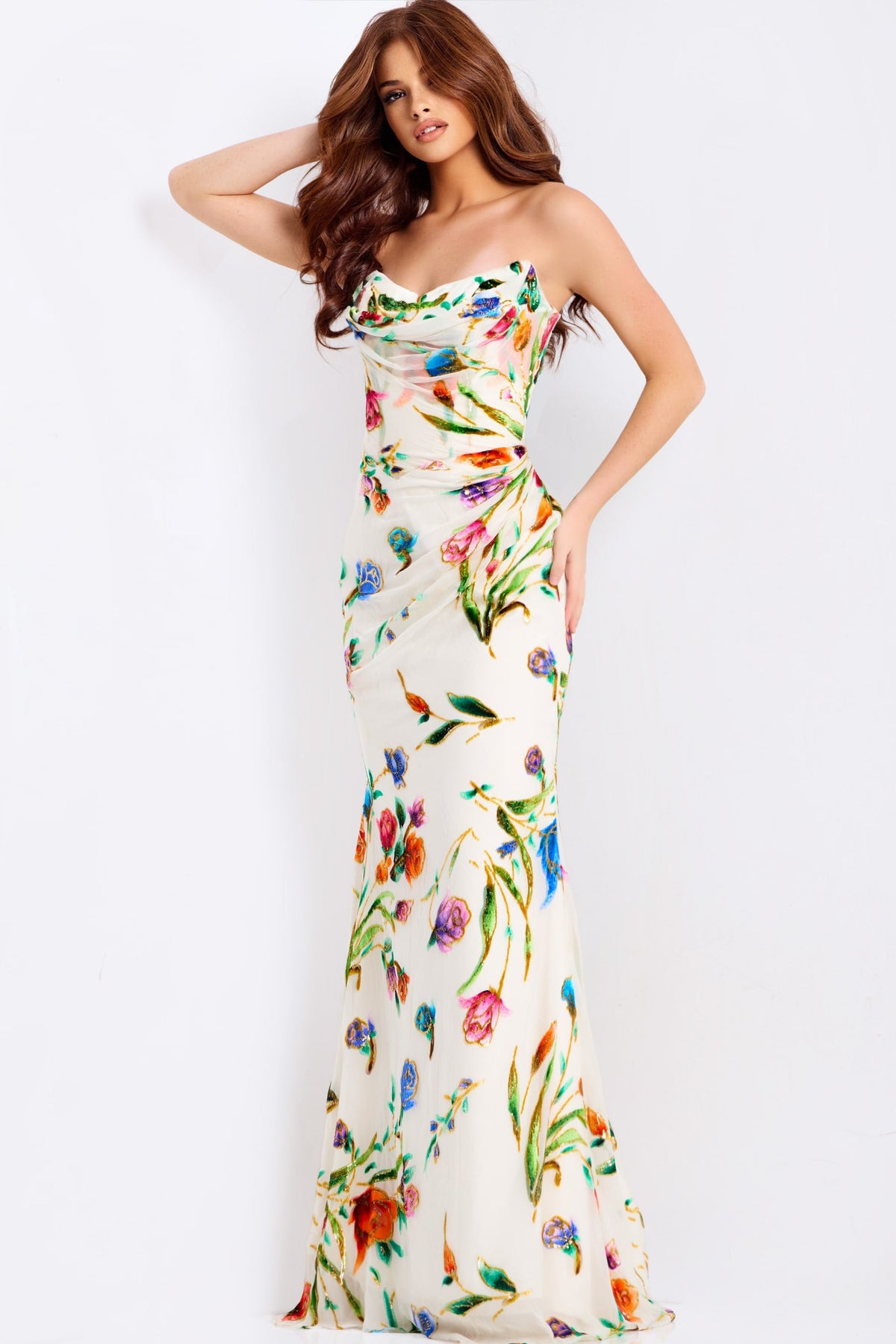 Jovani 47626 - Multicolor Floral Cowl Prom Dress In White and Multi