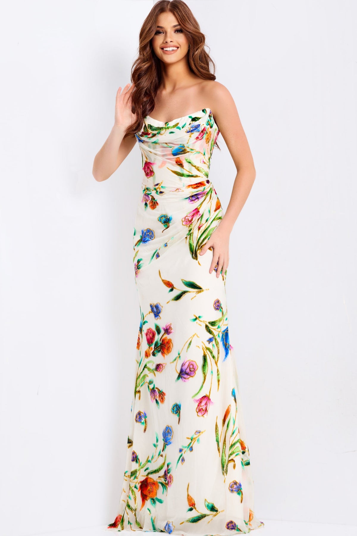 Jovani 47626 - Printed Satin Draped Sheath Dress Prom Dresses