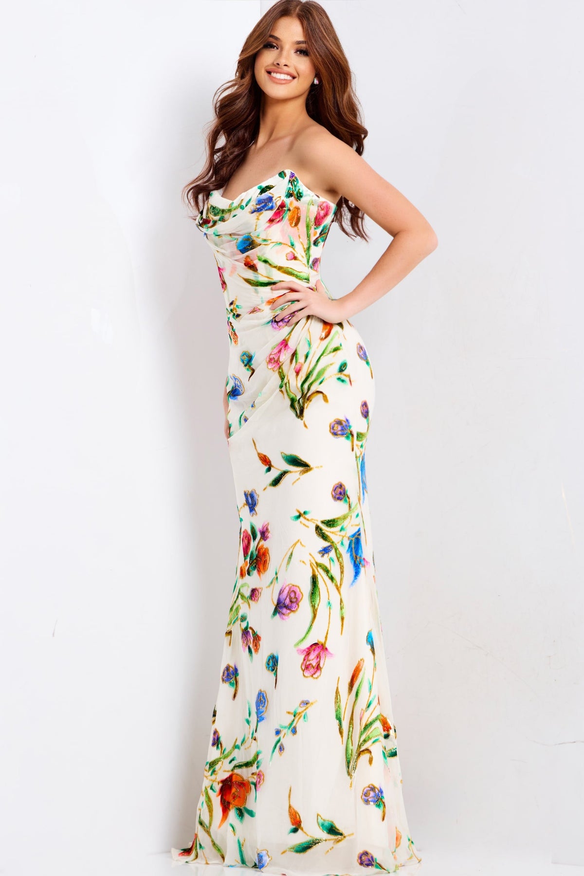 Jovani 47626 - Multicolor Floral Cowl Prom Dress In White and Multi